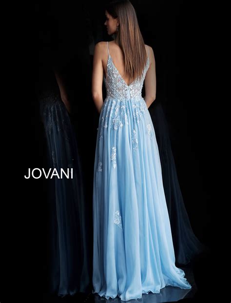 Jovani 58632 Light Blue Floral Embroidered Prom Dress Plunging