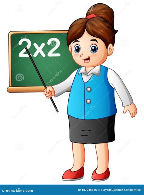 Cartoon Female Teacher Pointing On Blackboard The Lesson Of Mathematics