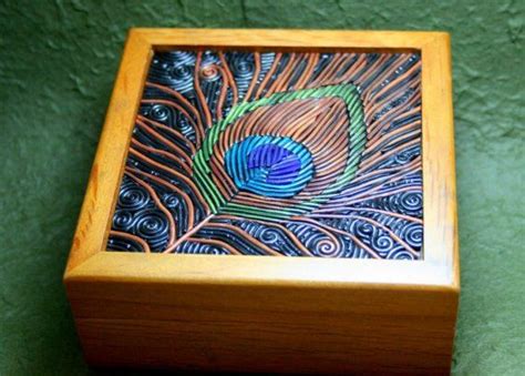 Peacock Feather Wooden Jewelry Box With Polymer Clay Filigree Wooden
