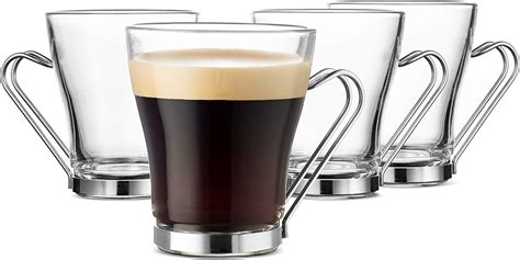 Bormioli Rocco Oslo Glass Coffee Mug 7 ½ Ounce Espresso Cups 4 Pack With Metal Handle