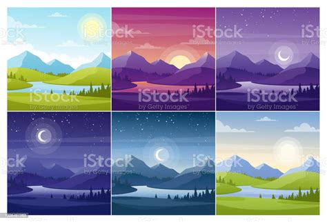 Nature Landscapes At Different Day Time Flat Vector Illustrations Set