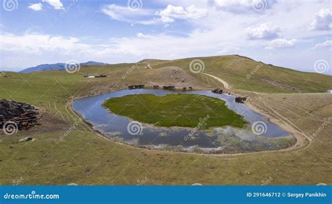 A Herd Of Horses In Mountains Near A Watering Hole Stock Photo Image