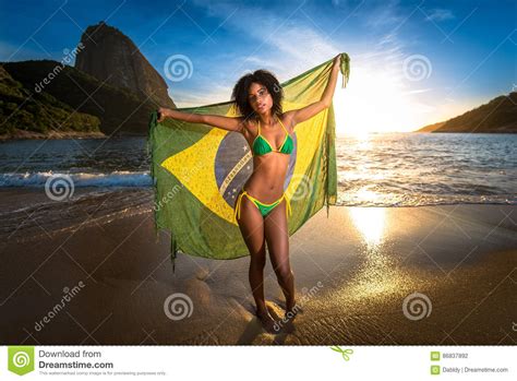 Girl In Bikini Holding Brazilian Flag Stock Photo Image Of Janeiro