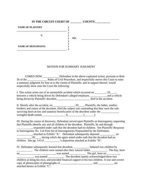 Motion Summary Judgment Doc Template Pdffiller