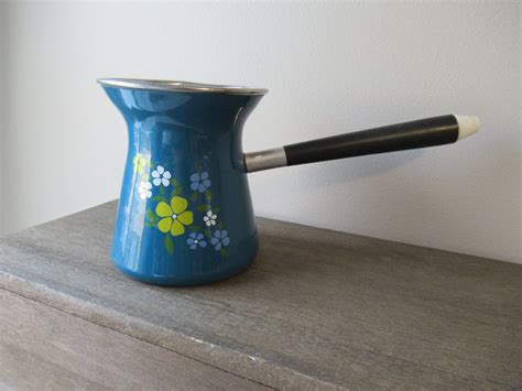 Vintage Enamel Turkish Coffee Ladle Pot Blue Floral Pot Etsy