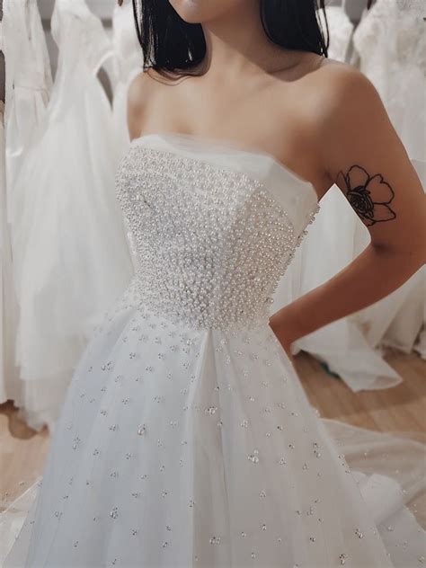 pearl beaded strapless  thin straps white wedding dress