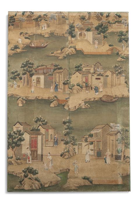 Seven Chinese Painted Wallpaper Panels Late 18thfirst Half 19th