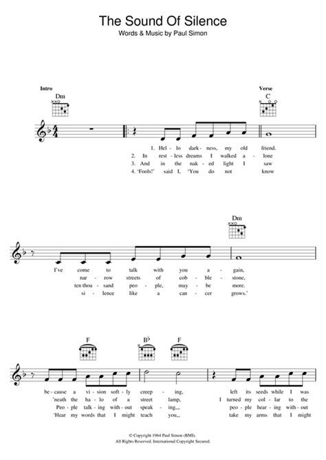 Save your favorite songs, access sheet music and more! The Sound Of Silence chords by Simon & Garfunkel (Melody Line, Lyrics & Chords - 121651)