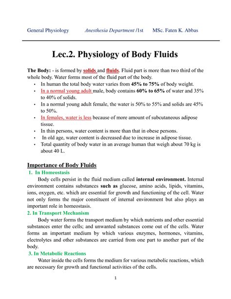 Pdf Lec2 Physiology Of Body Fluids Importance Of Body Fluids