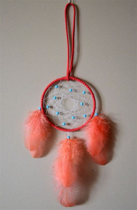 3 Coral Color Dream Catcher With Coral Feathers And By Naktis Dream