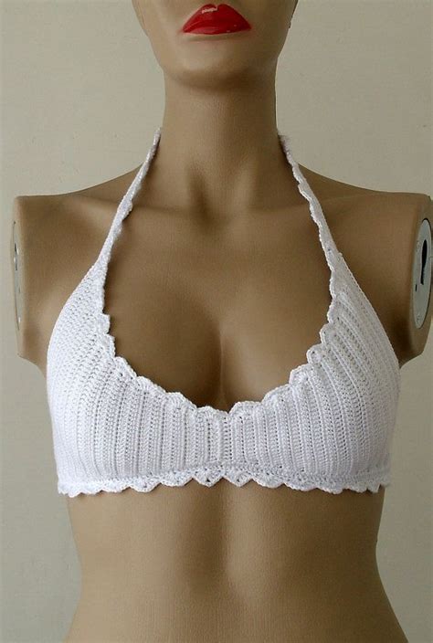 White Crotchet Bikini Bra Top Trajes De Banho De Croch Crochet