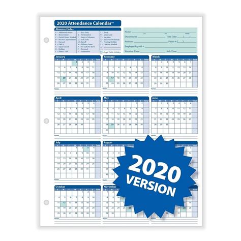 Employeee Attendance Calendar For 2020