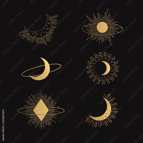 Hand Drawn Gold Cosmic Elements Golden Moon Sun And Sunburst Vector