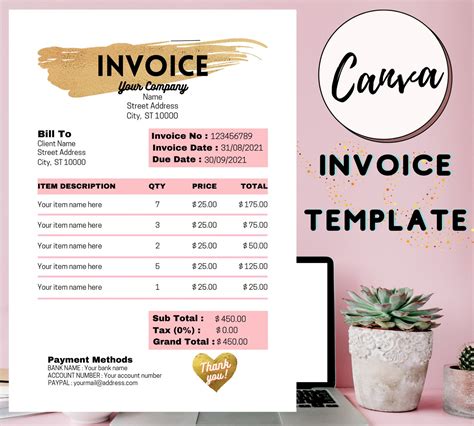 Editable Pink Invoice Template CANVA A Business Invoice Etsy