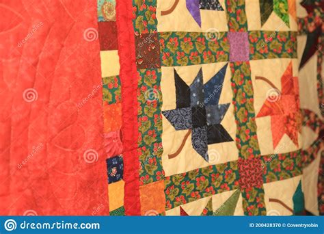 Maple Leaf Amish Handmade Quilt Stock Photo Image Of Blues Closeup
