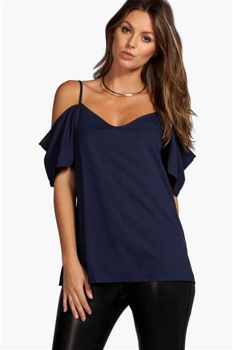 Womens Woven Strappy Open Shoulder Top Navy 10 Open Shoulder Tops