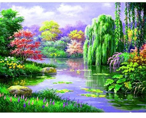 Scenic Garden By The Pond 5d Diy Diamond Painting Landscape Paintings