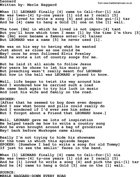 Leonard By Merle Haggard Lyrics And Chords