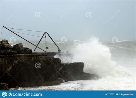 Portland Bill England Storm Ciara At Sea Crashing Onto Rocks Stock
