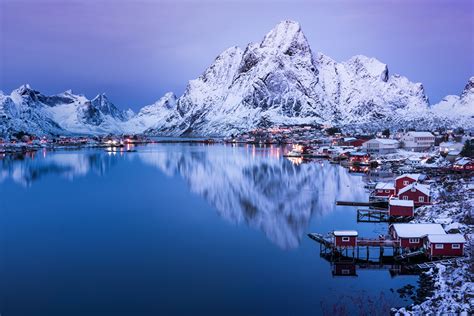 Images Norway Reine Winter Mountain Snow Lake Evening Cities