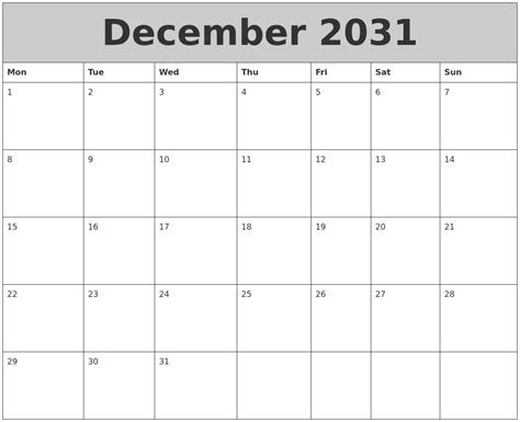 December 2031 My Calendar