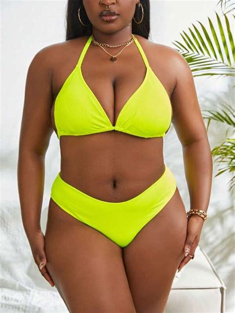 Shein Swim Vcay Plus Pack Neon Lime Fishnet Bikini Swimsuit Cover Up