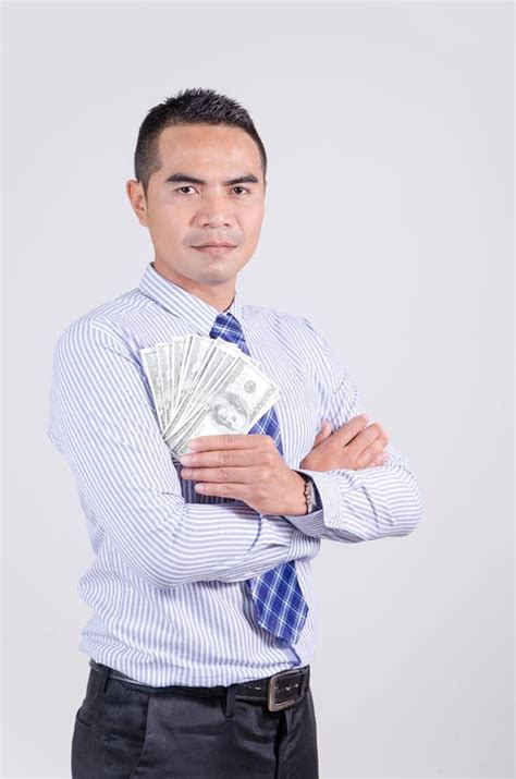 Asian Business Man Standing Holding Money Dollar His Hand Stock Photos