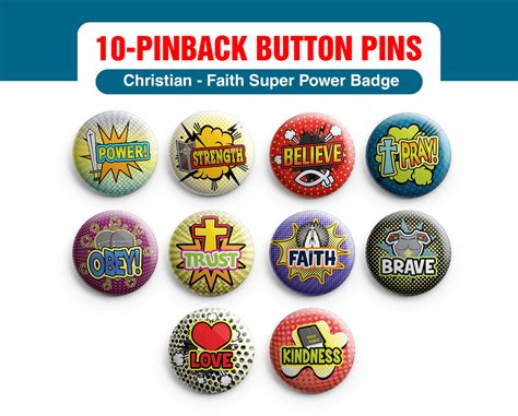 Christian Pinback Buttons Faith Super Power Badge 10 Pack Large