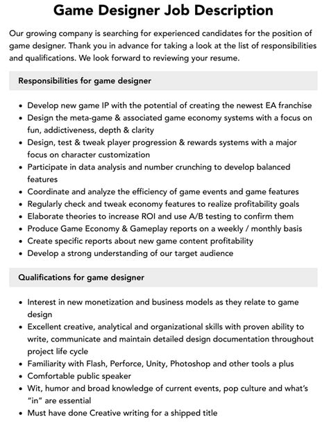 Game Designer Job Description Velvet Jobs