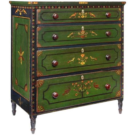 Green Painted And Polychrome Decorated Four Drawer Chest From A