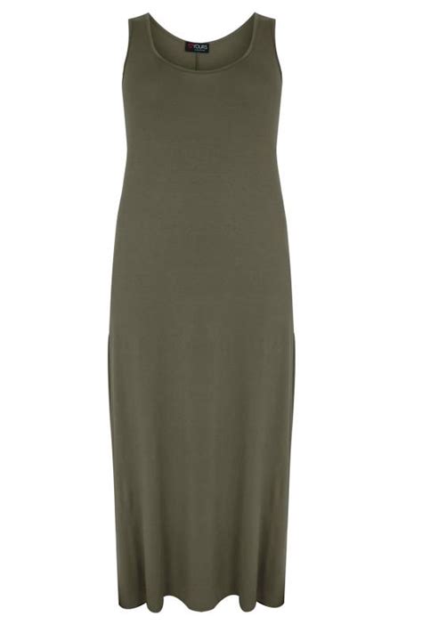 Khaki Plain Sleeveless Jersey Maxi Dress Plus Size 16 To 32