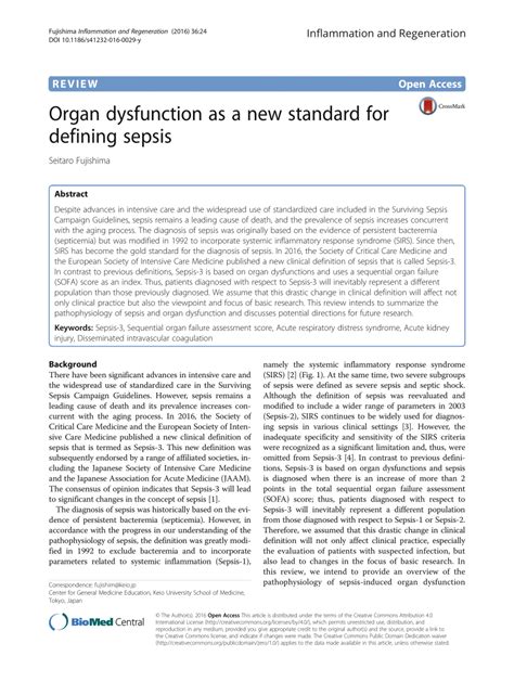 Pdf Organ Dysfunction As A New Standard For Defining Sepsis