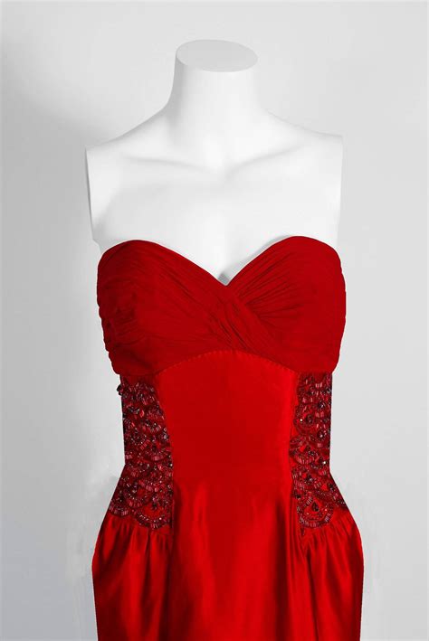 1950 S Seductive Ruby Red Beaded Satin Chiffon Strapless Hourglass Evening Gown At 1stdibs