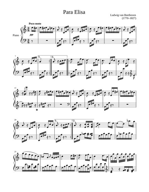 Para Elisa Original Beethoven Sheet Music For Piano Solo