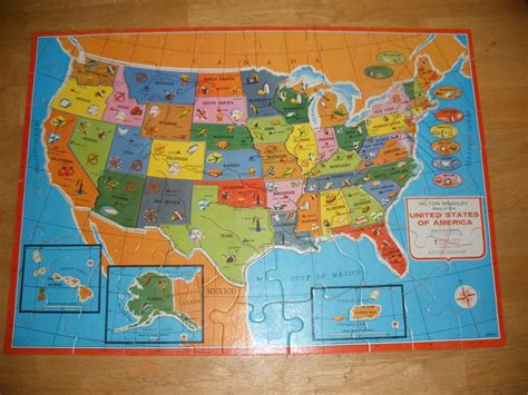 Vintage Wooden United States Wooden Puzzle Map With World Map