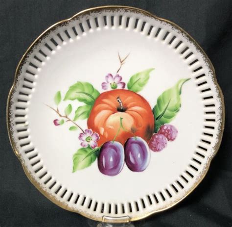 Vintage Plate Hand Painted Fruit 8 Reticulated Rim Gold Trim Made In