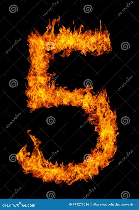 Number 5 Font In Burning Fire Isolated On Dark Background For Numeric