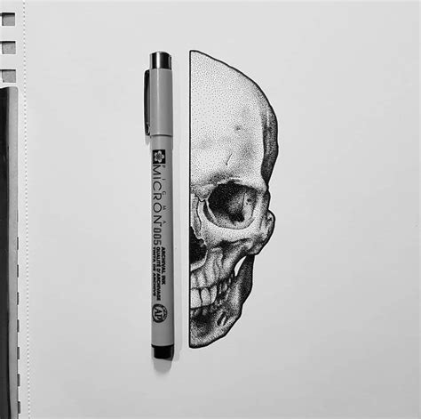 Half Skull Drawing Dotted Drawings Stippling Art Skull Illustration