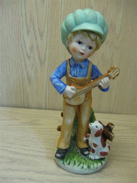 Figurine Ceramic Boy Playing The Mandolin Little Dog Holding His Paw Up