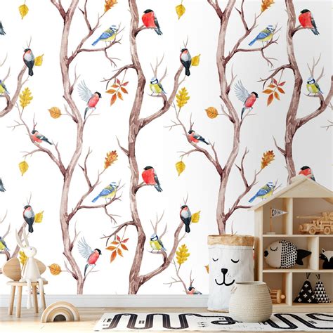 Birds Removable Wallpaper Tree Peel And Stick Wall Paper For Etsy