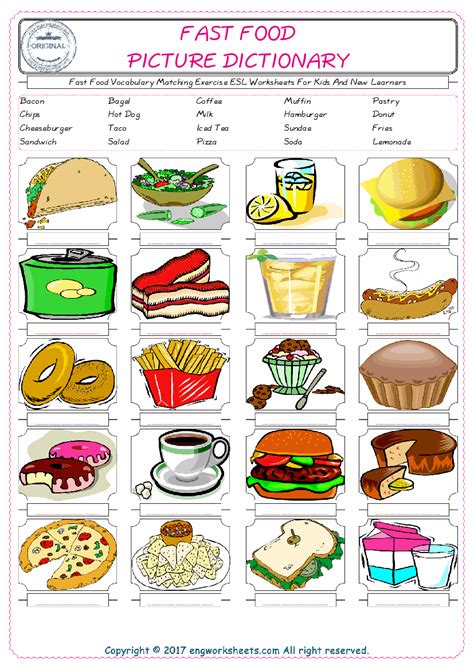 Colouring sheets, crossword and wordsearch puzzles and much more. Fast Food Vocabulary Matching Exercise ESL Worksheets For ...