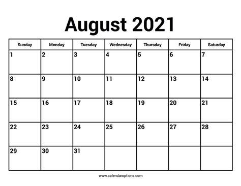 August 2021 Calendars Calendar Options