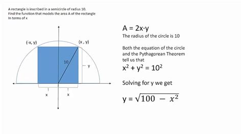 Because the square's area is w2 and the circle's area is (π/4) × w2. Area of Rectangle Inscribed in a Semicircle in terms of x ...