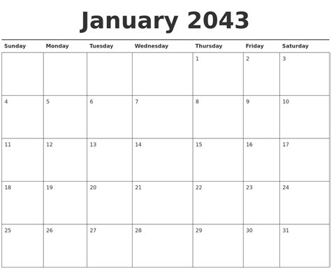 January 2043 Calendar Printable