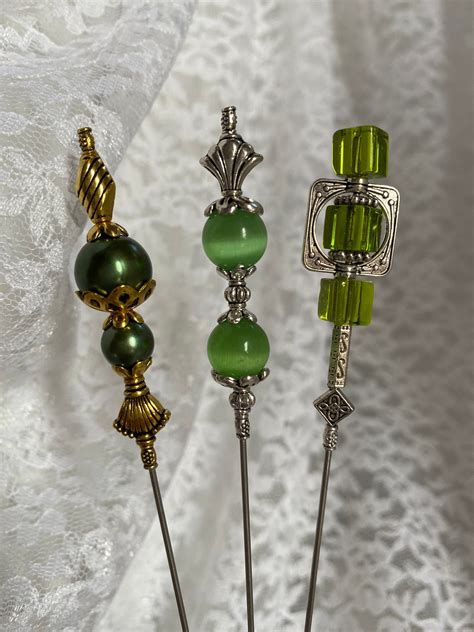 3 Green Victorian Hat Pins Set Of 3 Hatpins Crystal Etsy