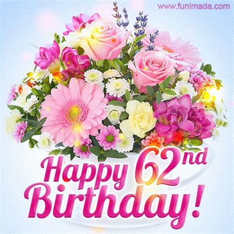 Happy 62nd Birthday Greeting Card Beautiful Flowers And Flashing
