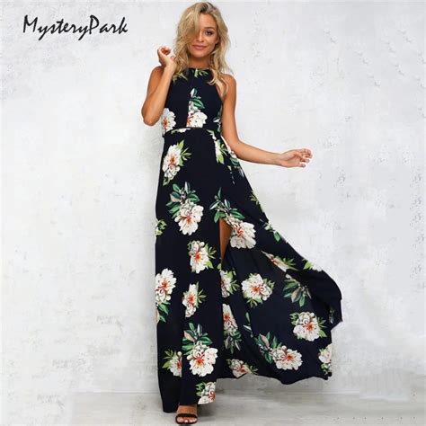 Mysterypark Floral Print Halter Chiffon Long Dress Women Backless 2018 Maxi Dresses Vestidos