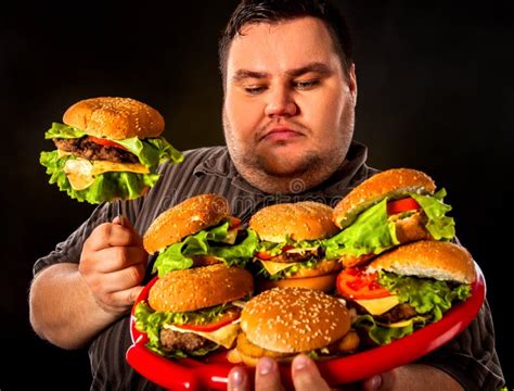 Fat Man Eating Fast Food Hamberger Breakfast For Overweight Person