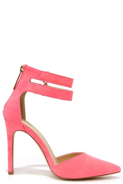 Cute Hot Pink Heels Ankle Strap Heels Pointed Pumps 3200