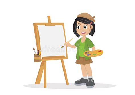 Cartoon Character Artist Girl Painting On Canvas Stock Vector